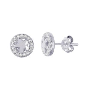 Sterling Silver 925 Rhodium Plated Flower Halo CZ Earrings